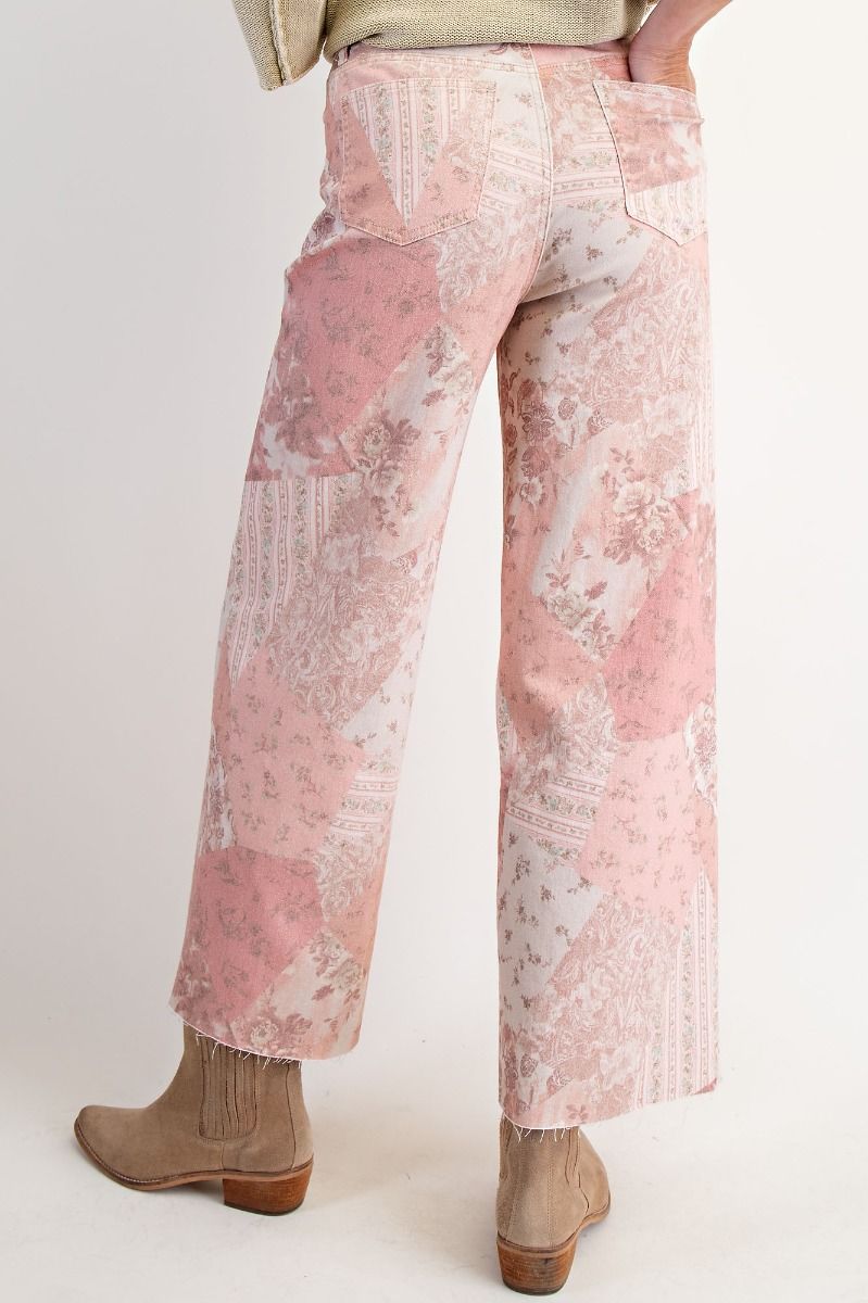 EASEL Patchwork Printed Stretch Twill Pants Vintage Rose