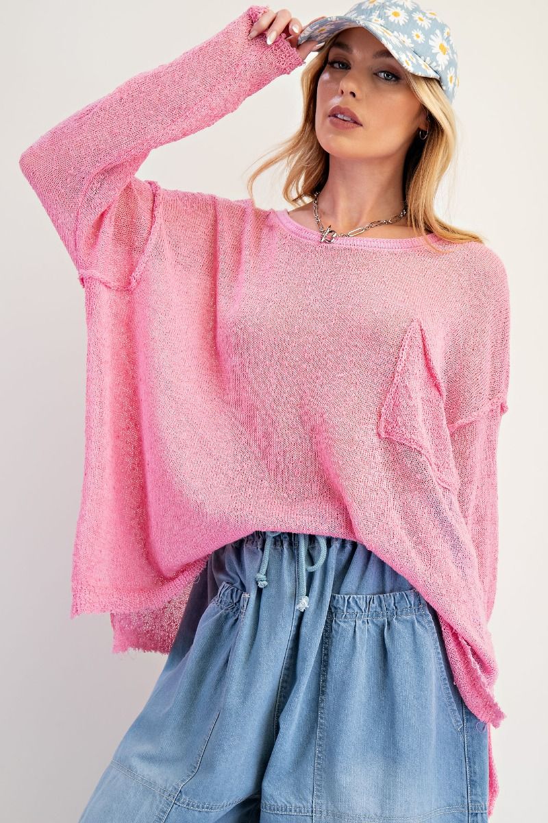 EASEL Long Sleeve Knitted Sweater Boxy Pullover Barbie Pink