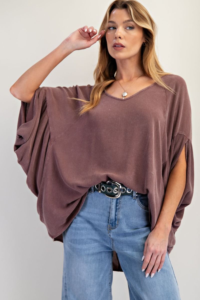 EASEL Mineral Washed Gauze Loose Fit Top Red Bean