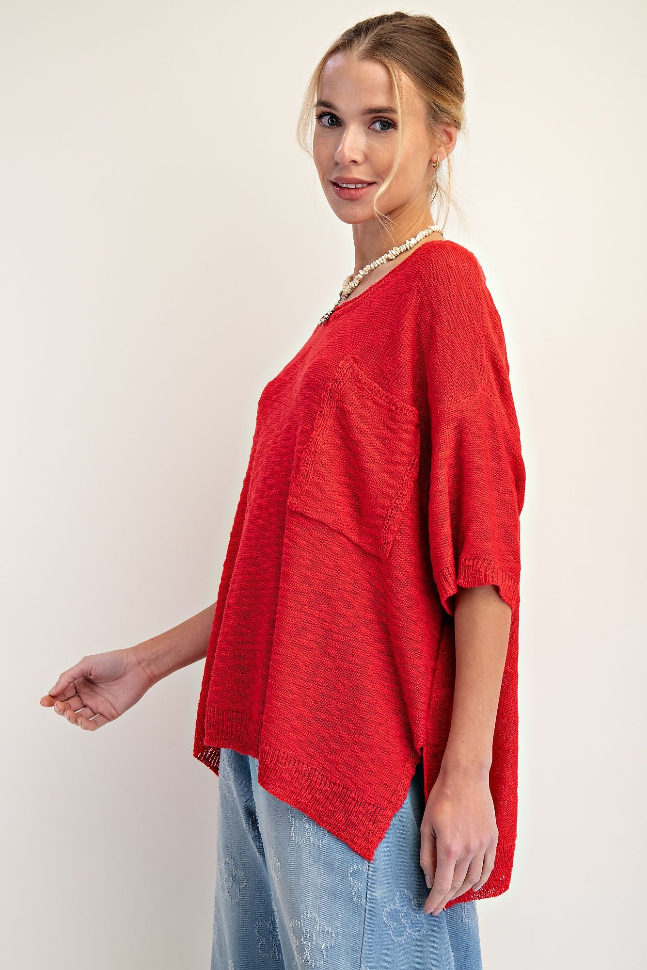 EASEL Loose Knit Sweater Tunic Red