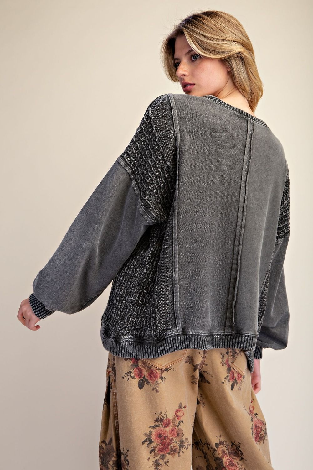 EASEL Ash Crochet Terry Knit Pullover Top