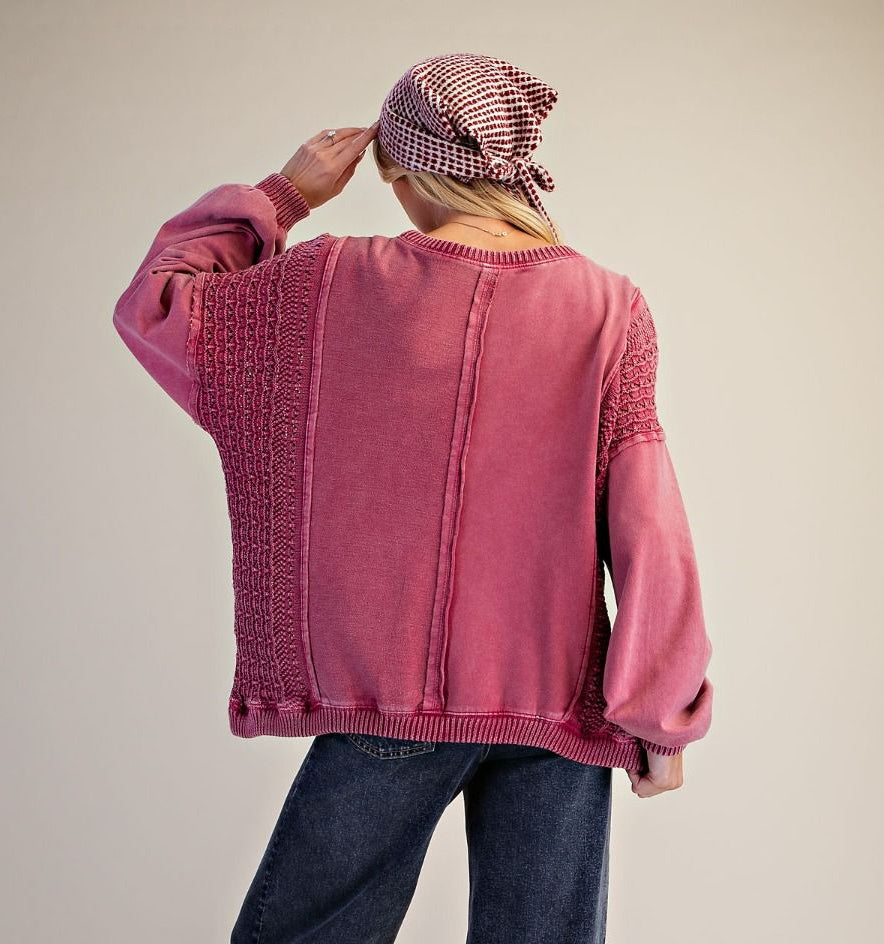 EASEL Raspberry Crochet Terry Knit Pullover Top