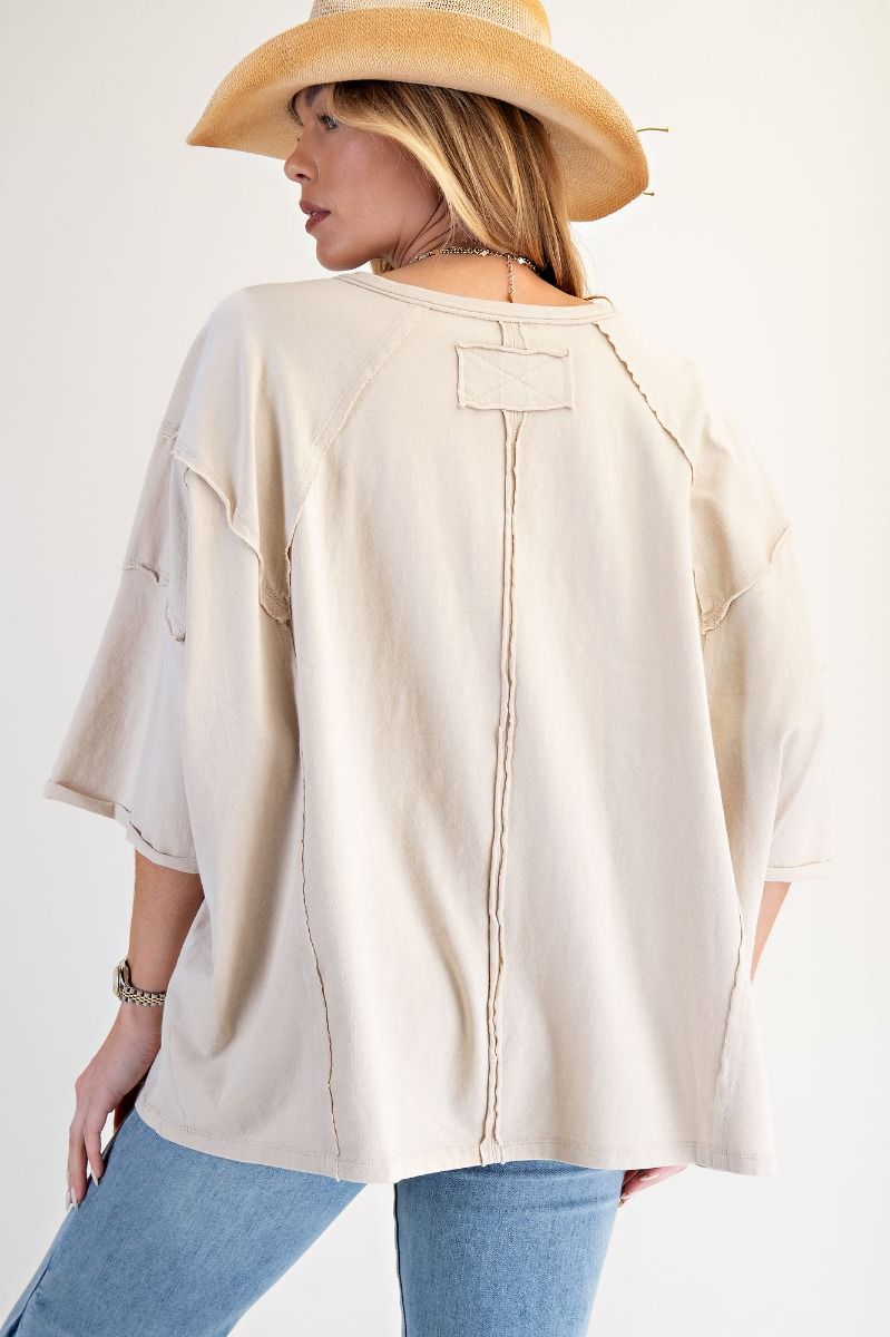 EASEL Love Patch Front Washed Oversized Boxy Top Light Khaki