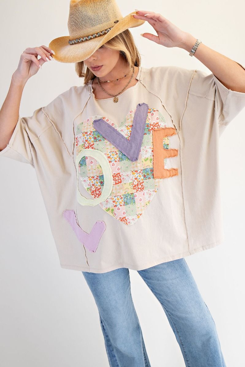 EASEL Love Patch Front Washed Oversized Boxy Top Light Khaki