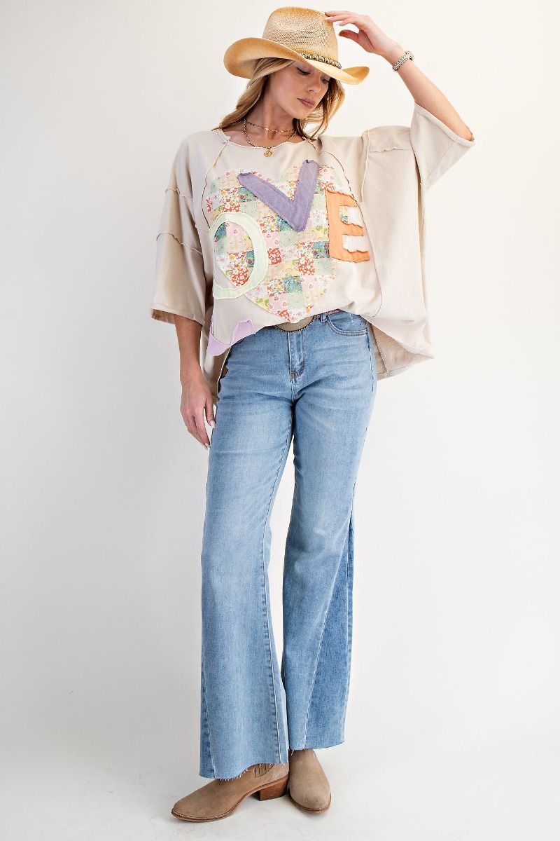 EASEL Love Patch Front Washed Oversized Boxy Top Light Khaki