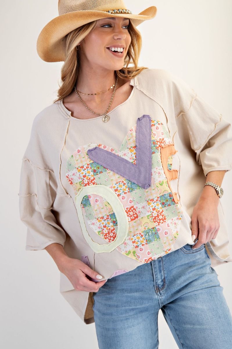 EASEL Love Patch Front Washed Oversized Boxy Top Light Khaki