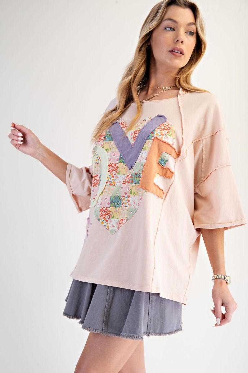 EASEL Love Patch Front Washed Oversized Boxy Top Peach