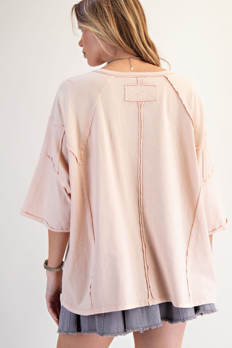 EASEL Love Patch Front Washed Oversized Boxy Top Peach