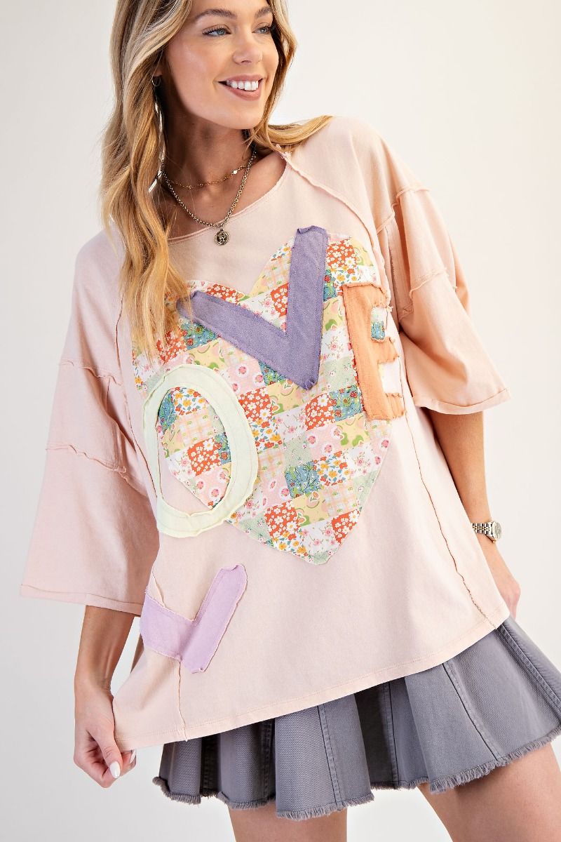 EASEL Love Patch Front Washed Oversized Boxy Top Peach