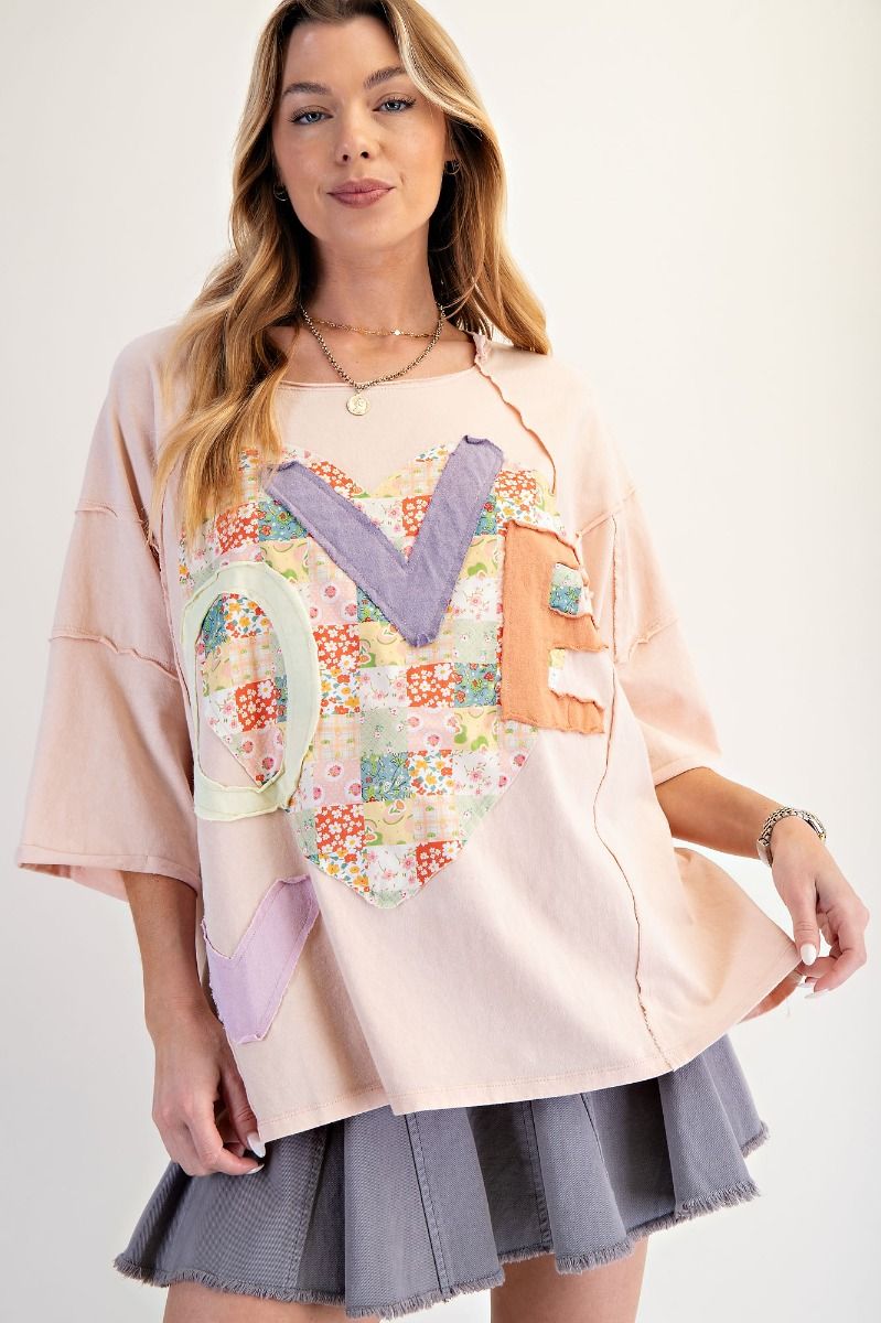 EASEL Love Patch Front Washed Oversized Boxy Top Peach