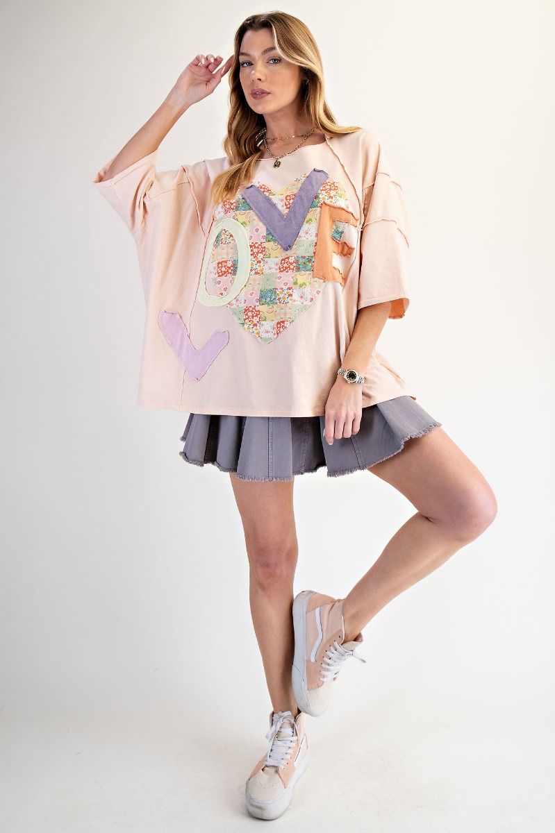 EASEL Love Patch Front Washed Oversized Boxy Top Peach
