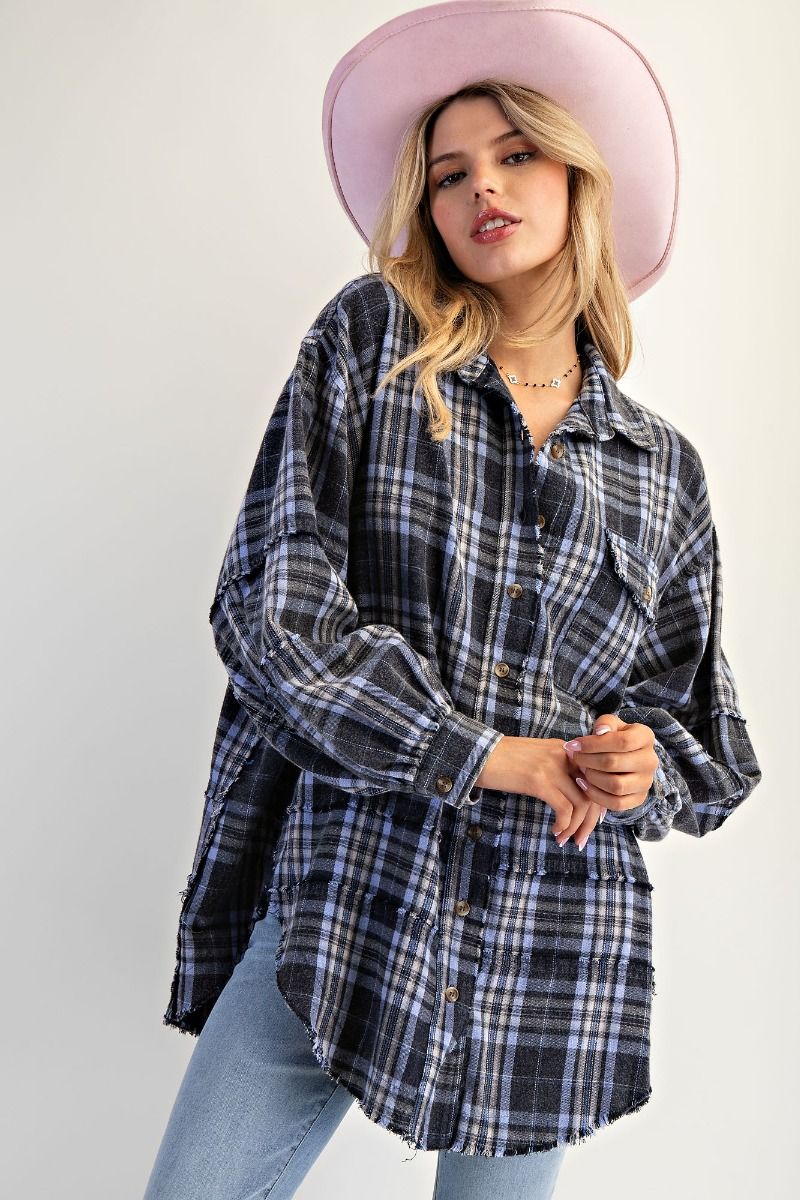 EASEL Washed Plaid Shirt Tunic