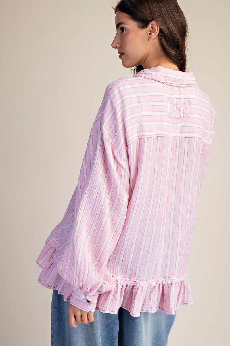 EASEL Pink Drink Striped Cotton Gauze Ruffle Top
