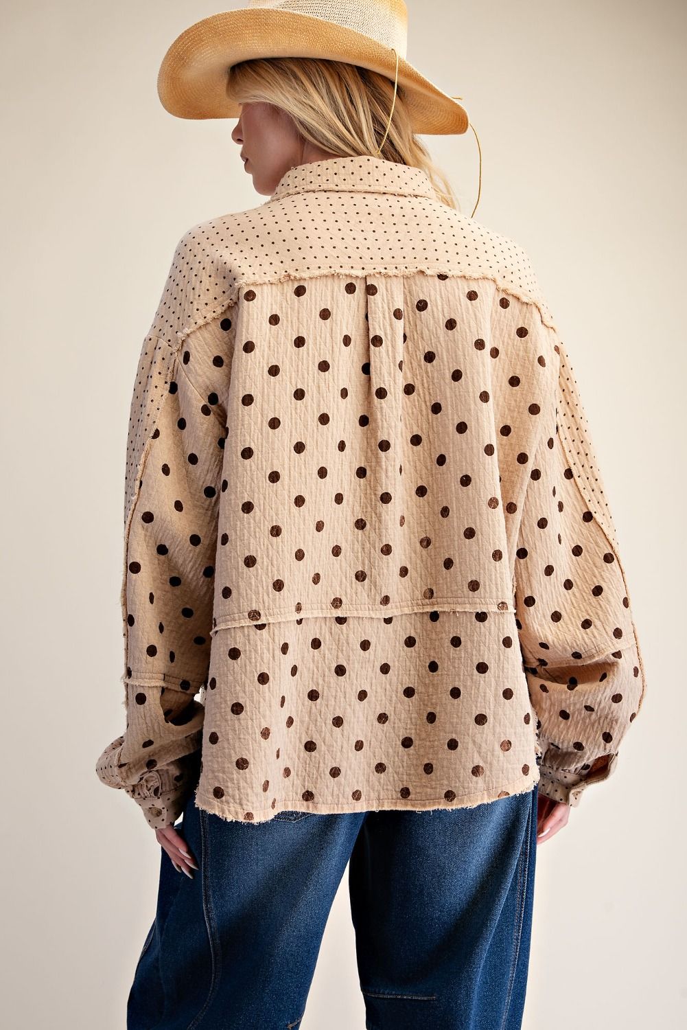 EASEL Tan Gauze Polka Dot Top