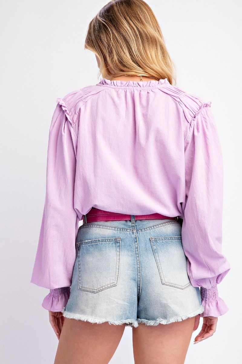 EASEL Cotton Woven Long Sleeve Blouse with Ruffle Hem Lilac Pink