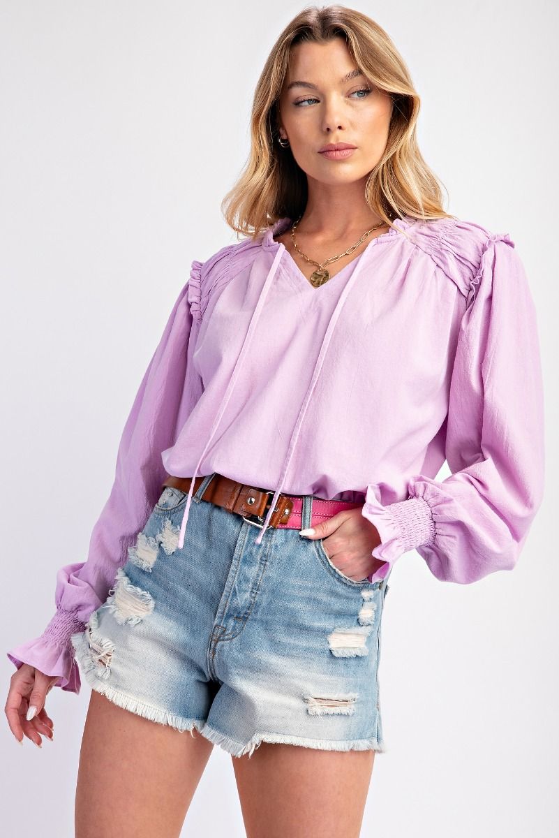 EASEL Cotton Woven Long Sleeve Blouse with Ruffle Hem Lilac Pink