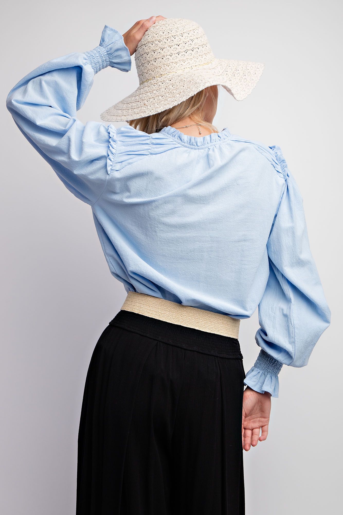 EASEL Cotton Woven Long Sleeve Blouse with Ruffle Hem Blue