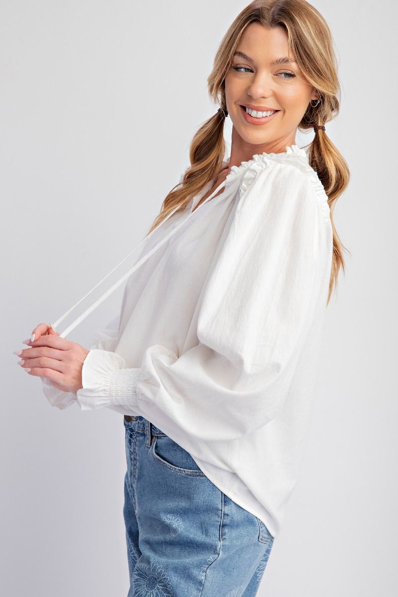 EASEL Cotton Woven Long Sleeve Blouse with Ruffle Hem White