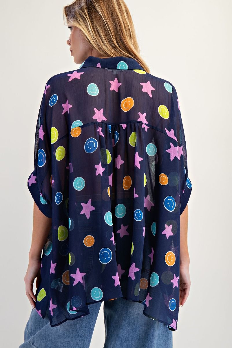 Easel Navy Smile Chiffon Button Down Top *Market Special*