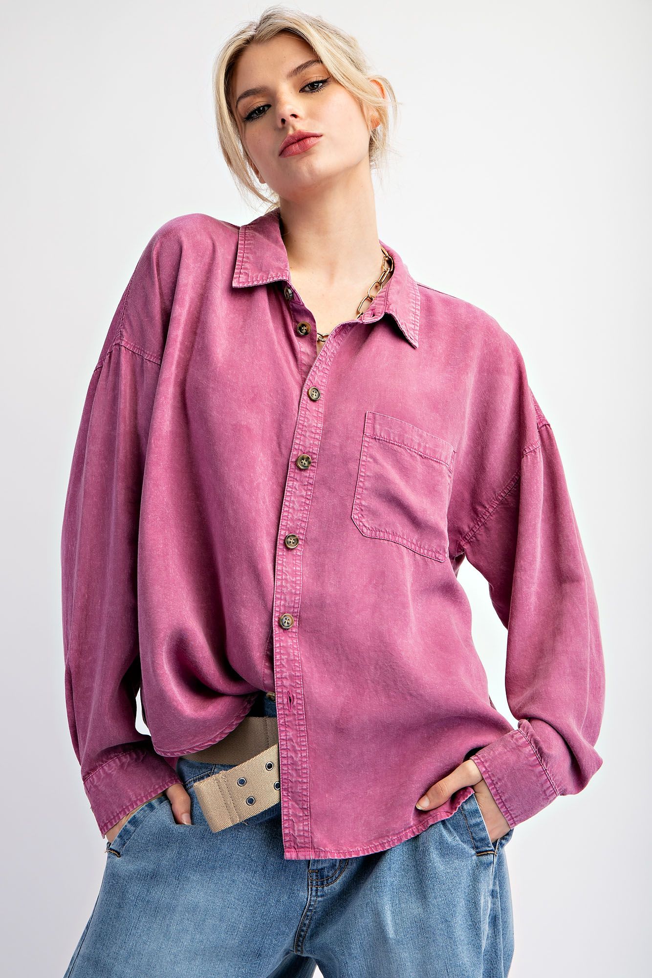 EASEL Rayon Challis Washed Button Down Shirt Magenta