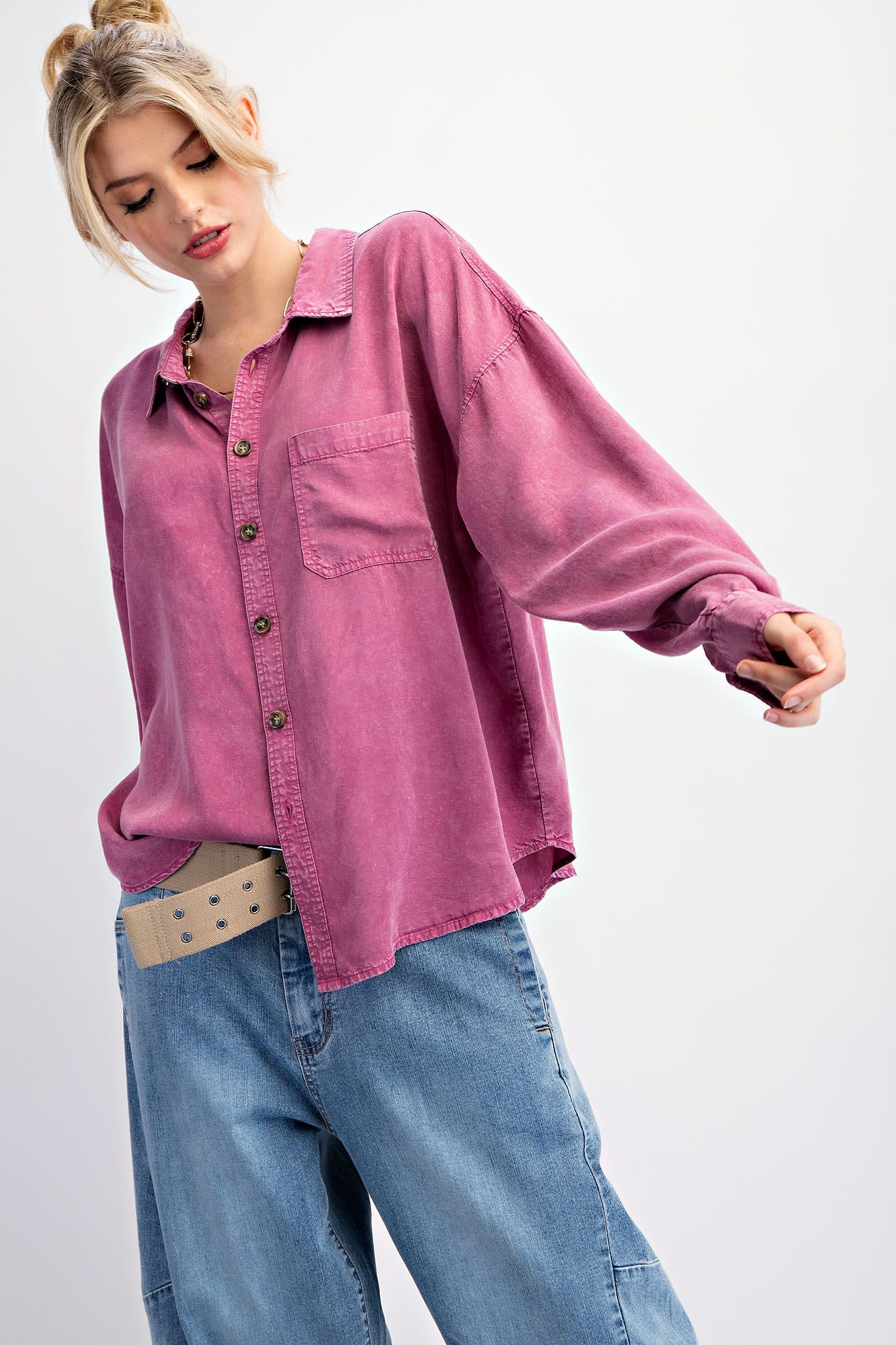 EASEL Rayon Challis Washed Button Down Shirt Magenta