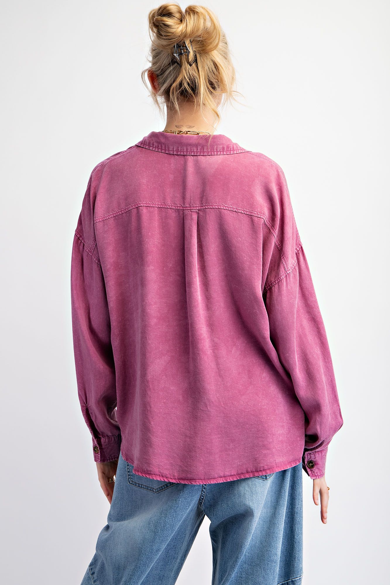EASEL Rayon Challis Washed Button Down Shirt Magenta