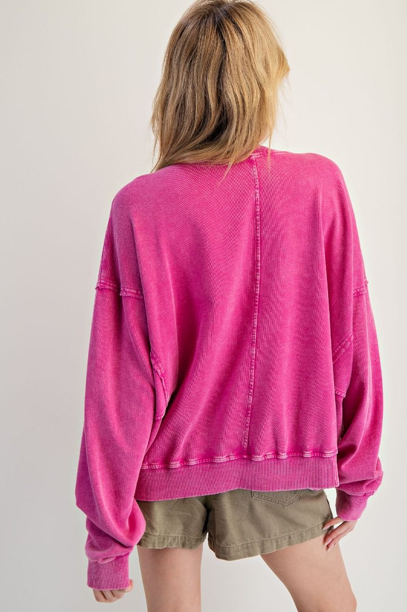 EASEL Flower Patch Washed Terry Knit Pullover Rose Violet