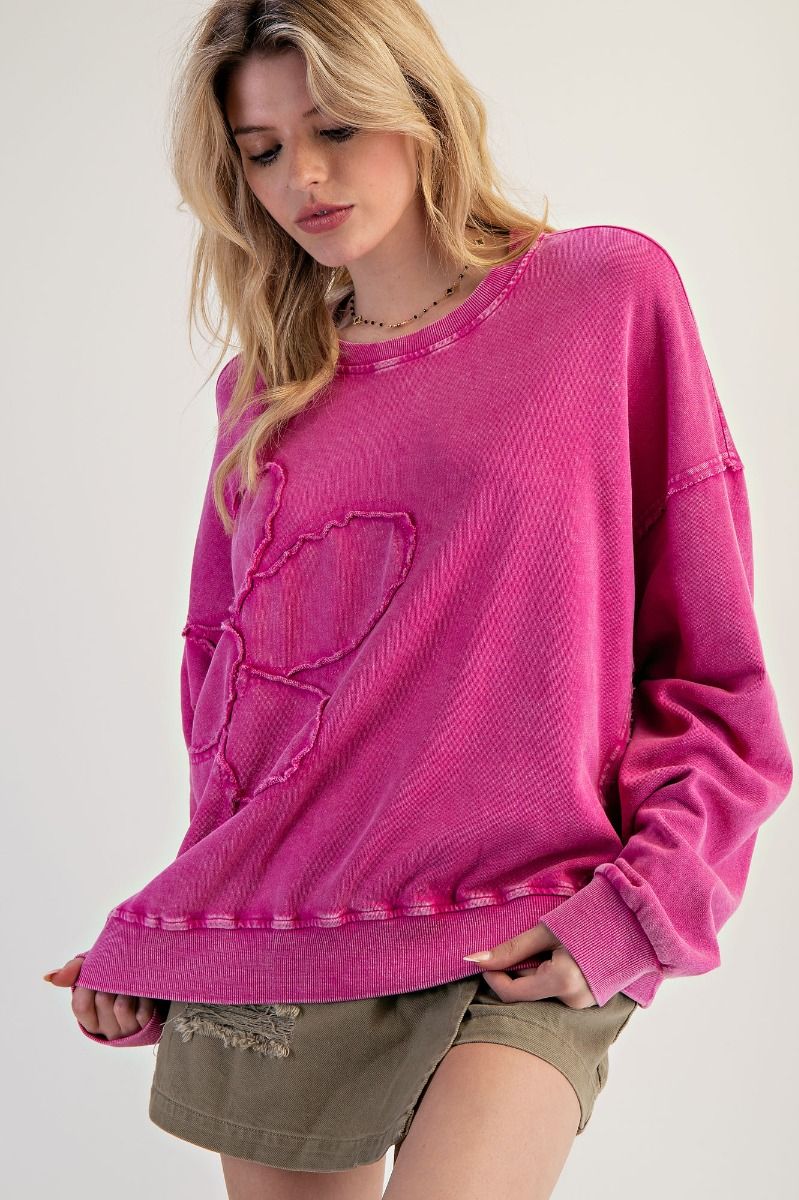 EASEL Flower Patch Washed Terry Knit Pullover Rose Violet