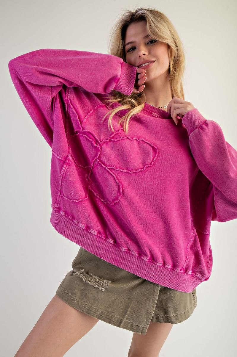 EASEL Flower Patch Washed Terry Knit Pullover Rose Violet