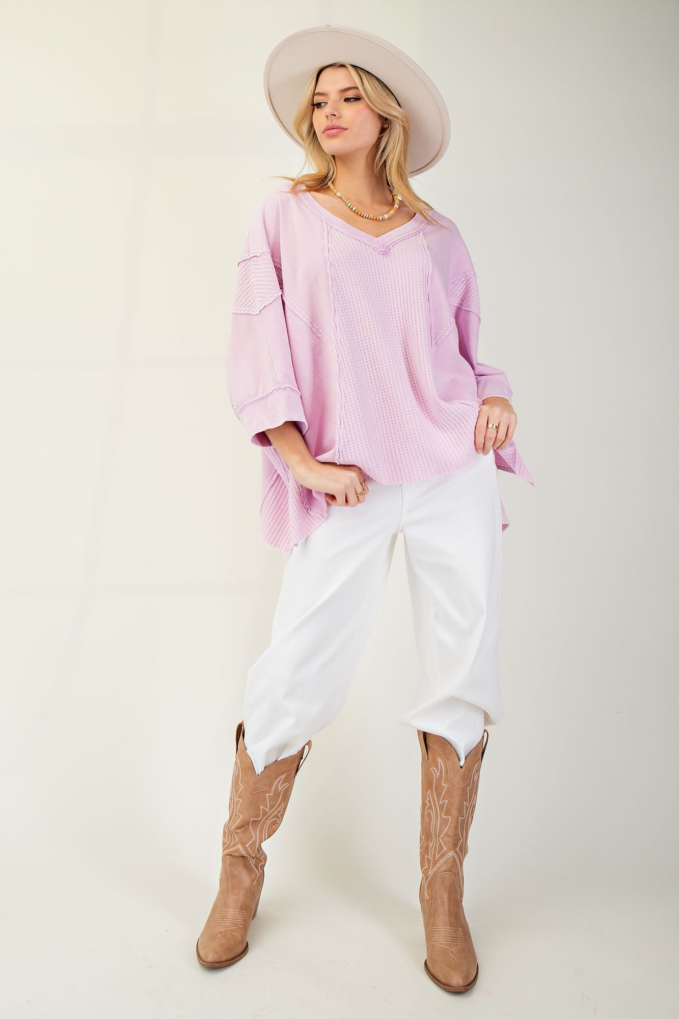 EASEL THERMAL MIX TERRY KNIT MINERAL WASHED TOP Plus Pretty