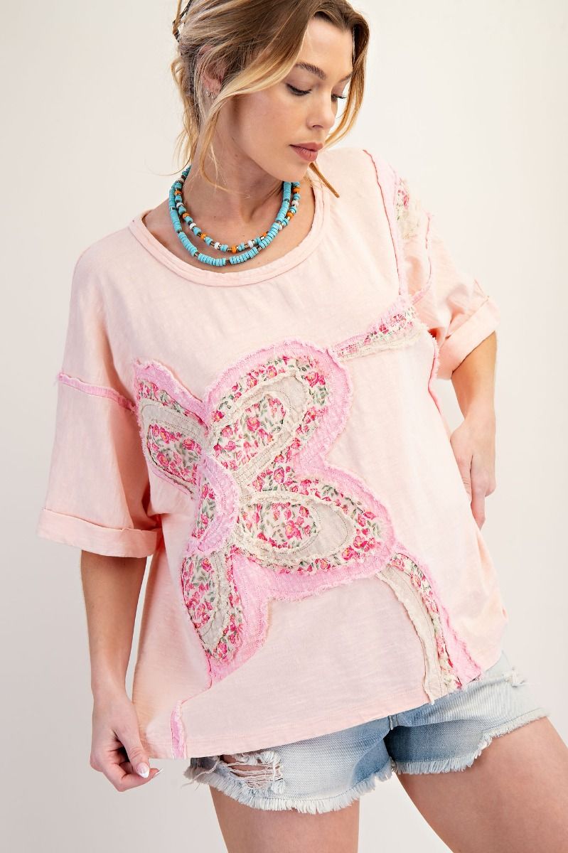 EASEL FLOWER PATCH MINERAL WASHED COTTON SLUB TOP BLUSH
