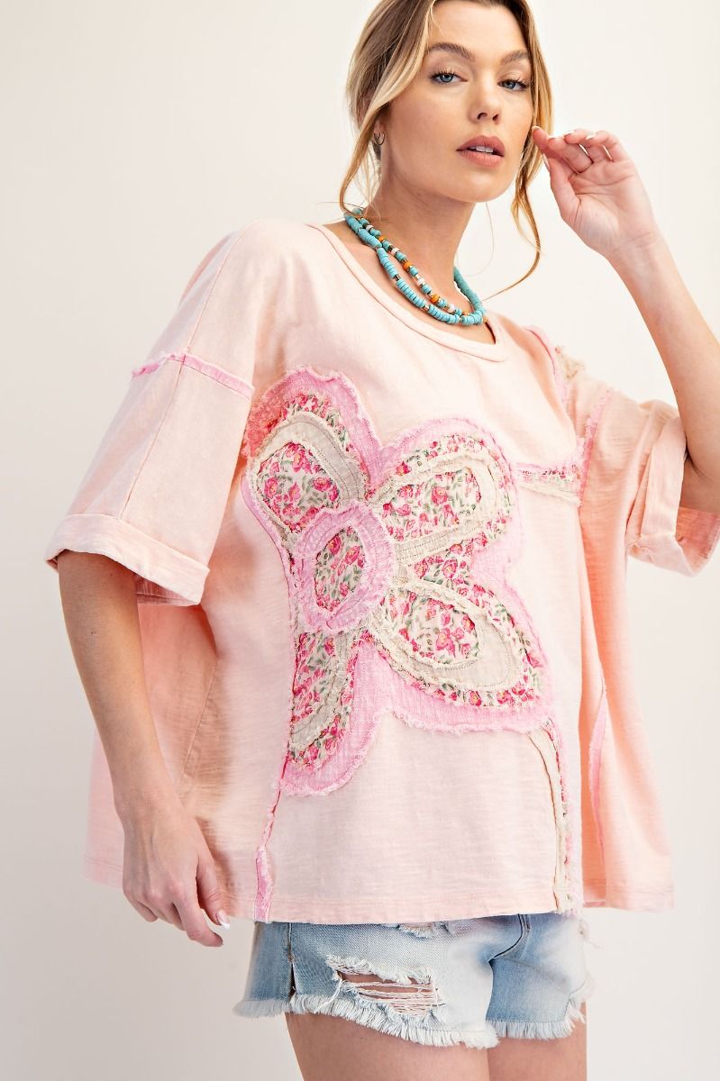 EASEL FLOWER PATCH MINERAL WASHED COTTON SLUB TOP BLUSH