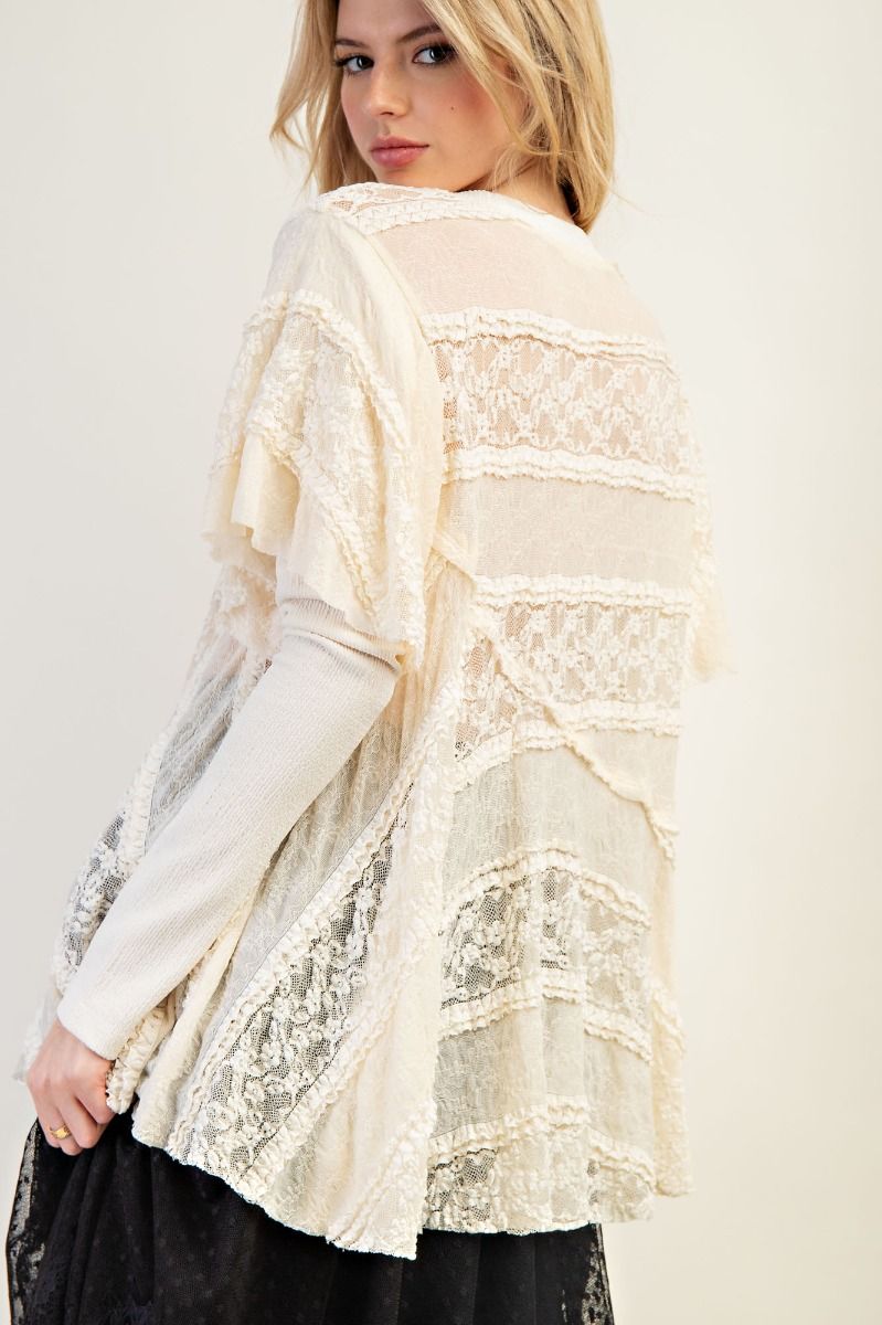 EASEL Knit Inset Lace Layered Top Cream