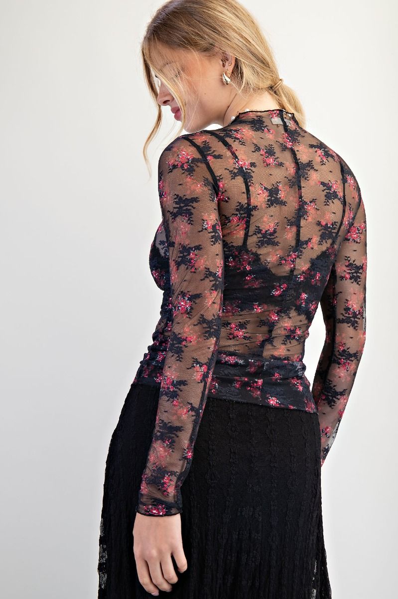 EASEL Floral Print Lace Fitted Top Black Pink