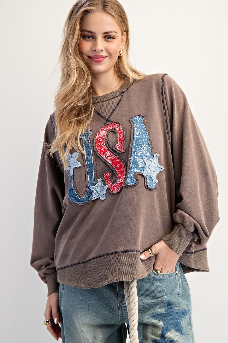 EASEL USA Patch Wash Terry Pullover Mocha