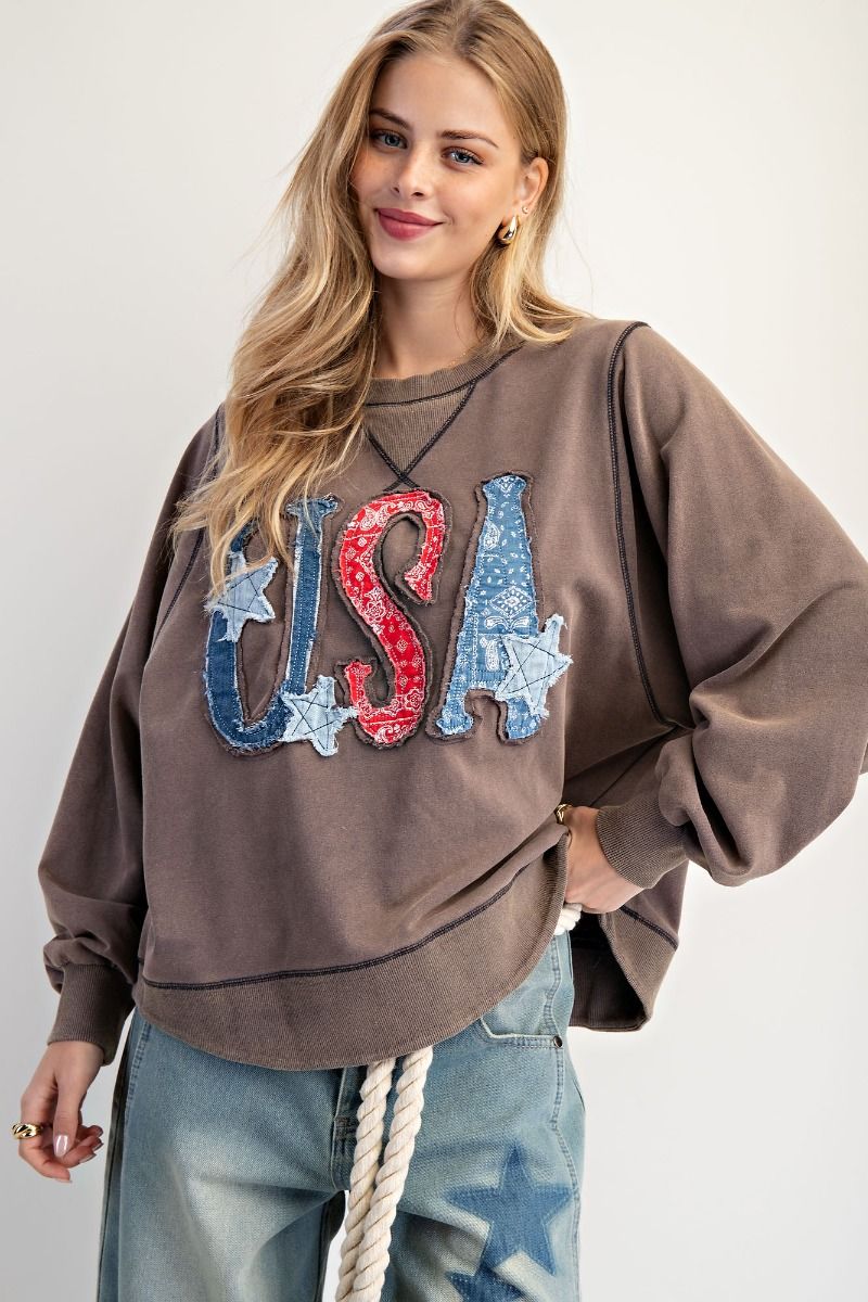 EASEL USA Patch Wash Terry Pullover Mocha