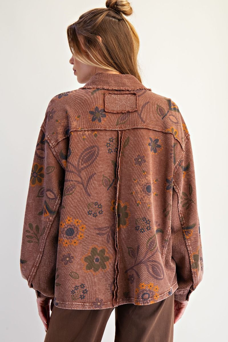 EASEL Floral Printed Washed Terry Pullover Chocolate