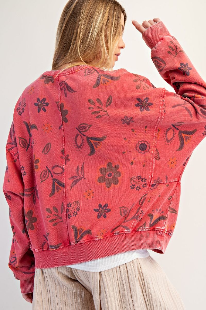 EASEL Floral Print Washed Terry Pullover Boho Red
