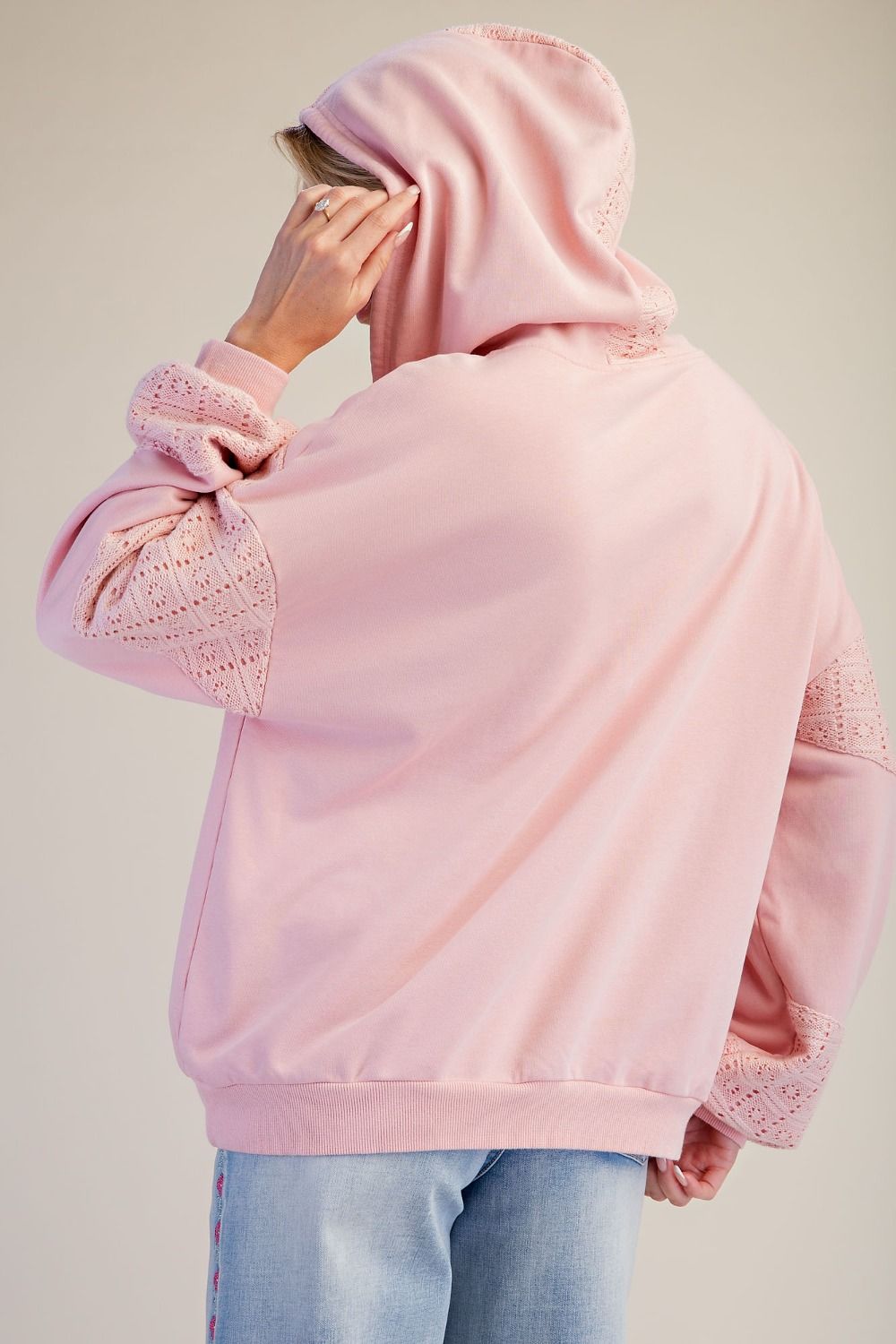 EASEL Pink Crochet Hooded Pullover