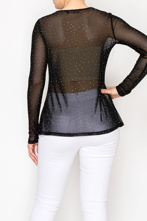 ORIGAMI Sparkly Sheer Mesh Top Black