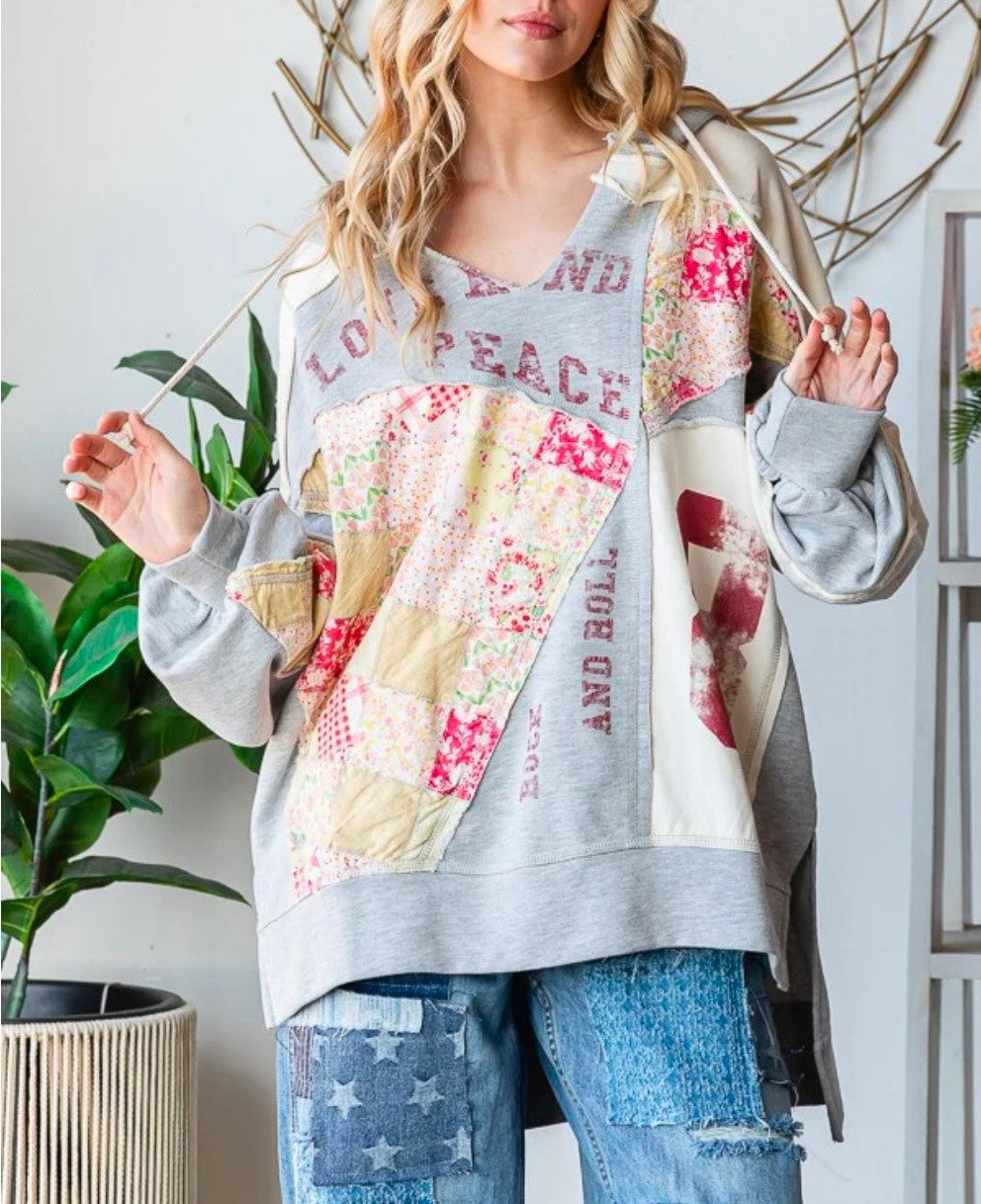 Oli & Hali Washed Patchwork Letter Print Detail Hooded Top
