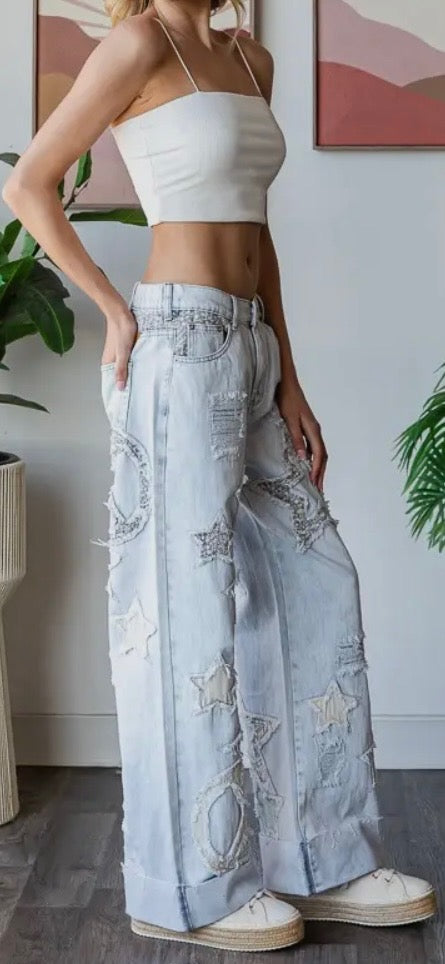 Oli & Hali Washed Star Patchwork Detail Denim Jeans BLUE