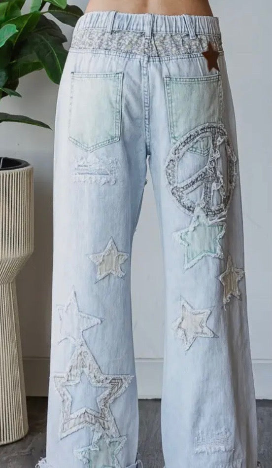 Oli & Hali Washed Star Patchwork Detail Denim Jeans BLUE