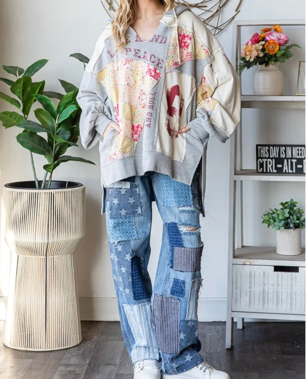 Oli & Hali Washed Patchwork Letter Print Detail Hooded Top