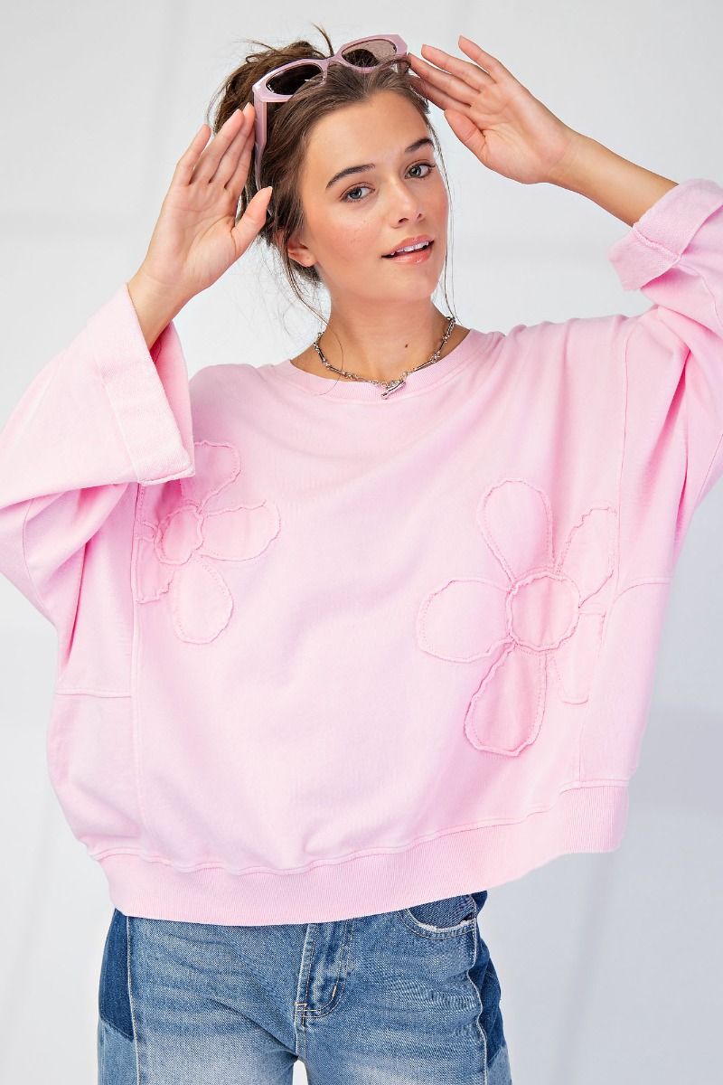 Mineral Washed Flower Patches Pullover in Pink