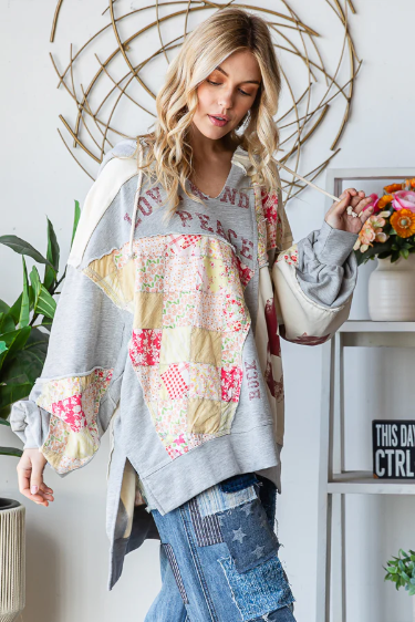 Oli & Hali Washed Patchwork Letter Print Detail Hooded Top