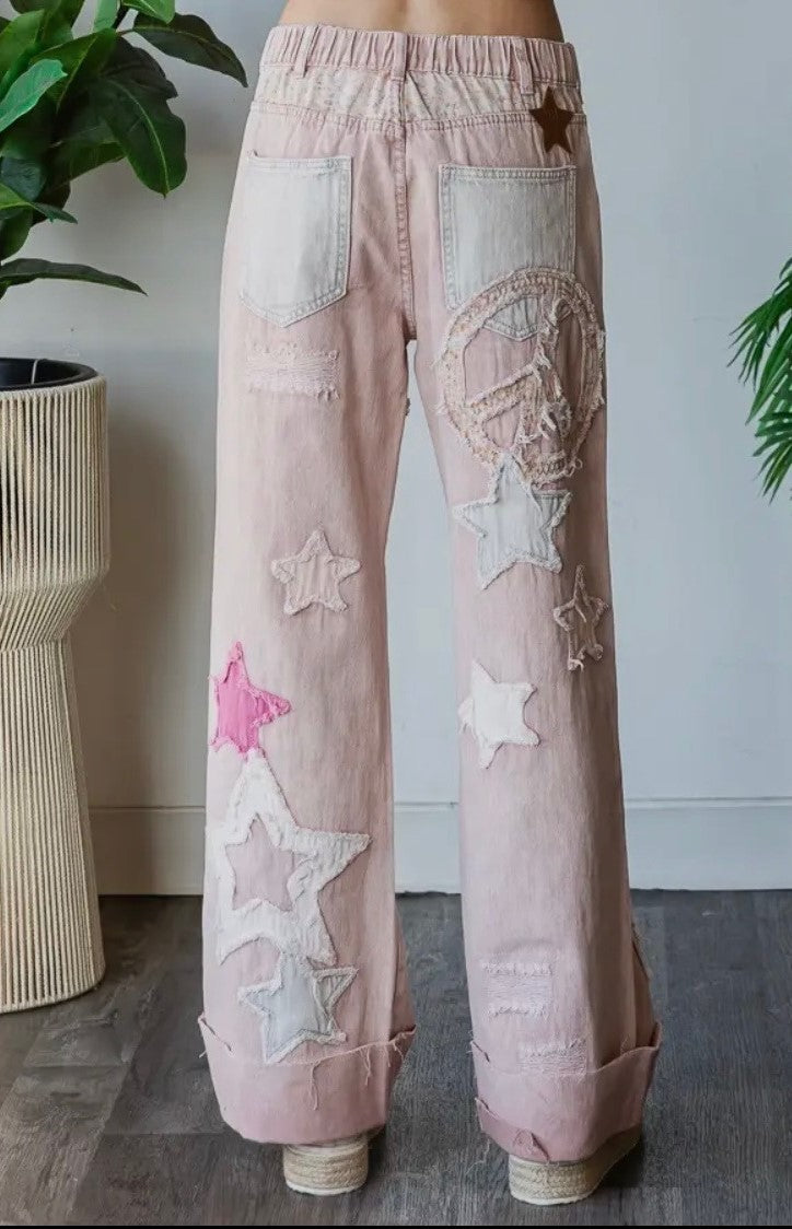 Oli & Hali Washed Star Patchwork Detail Denim Jeans PINK