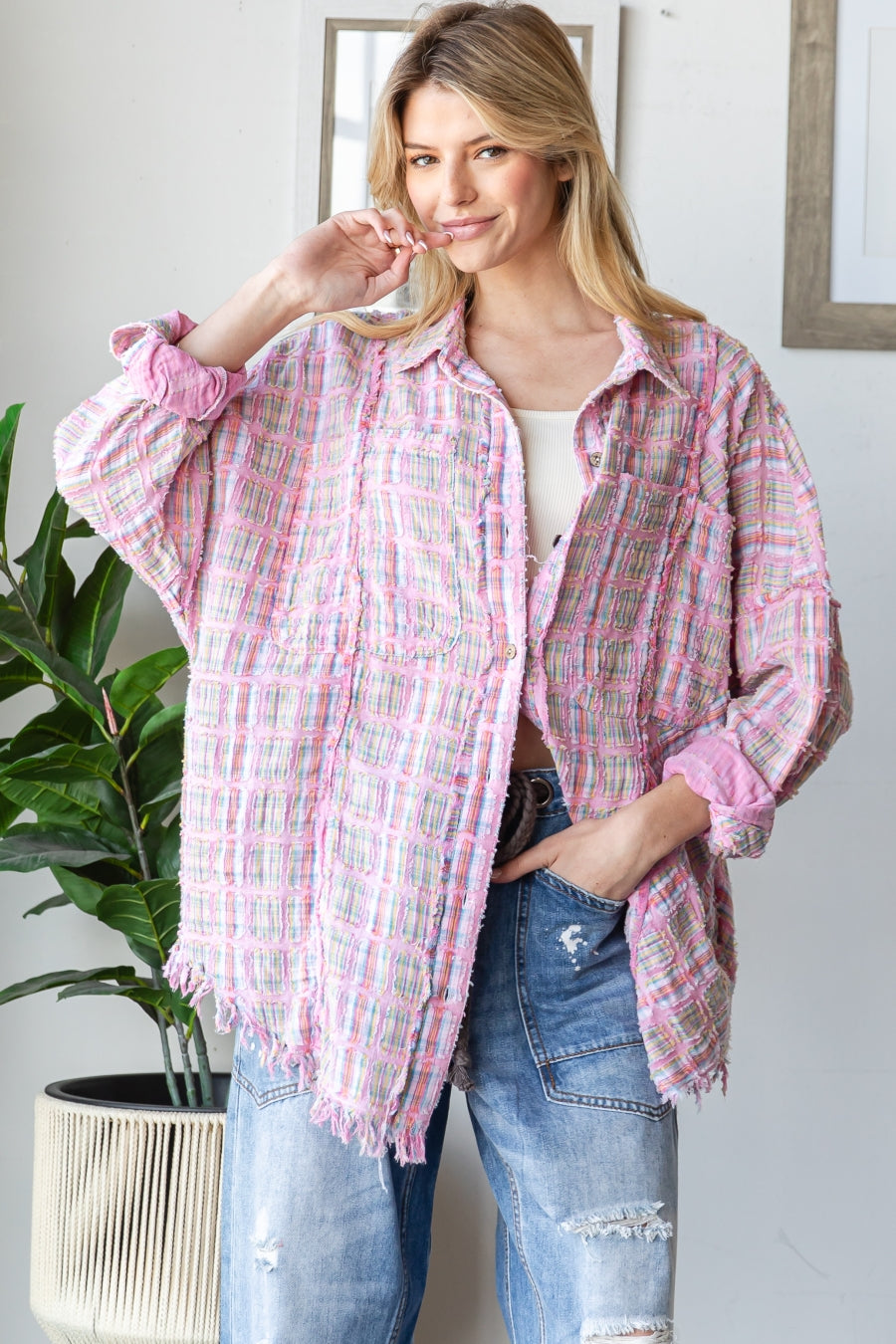 OLI & HALI Washed Plaid Mixed Button Down Top Pink
