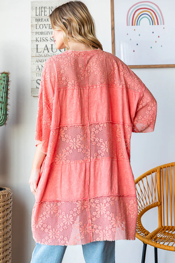 OLI & HALI Lace Mix Media Short Sleeve Frayed Hem Boxy Top Tomato