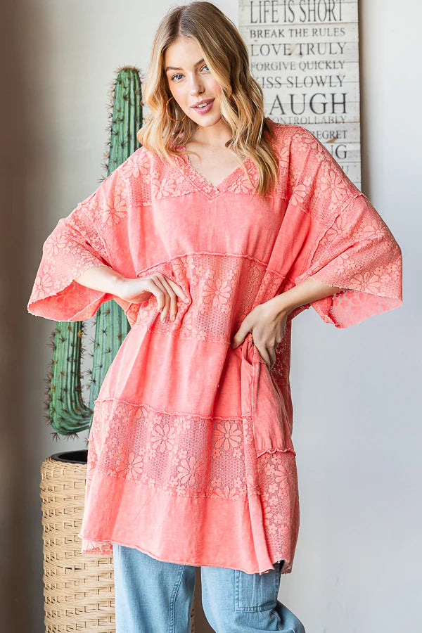 OLI & HALI Lace Mix Media Short Sleeve Frayed Hem Boxy Top Tomato